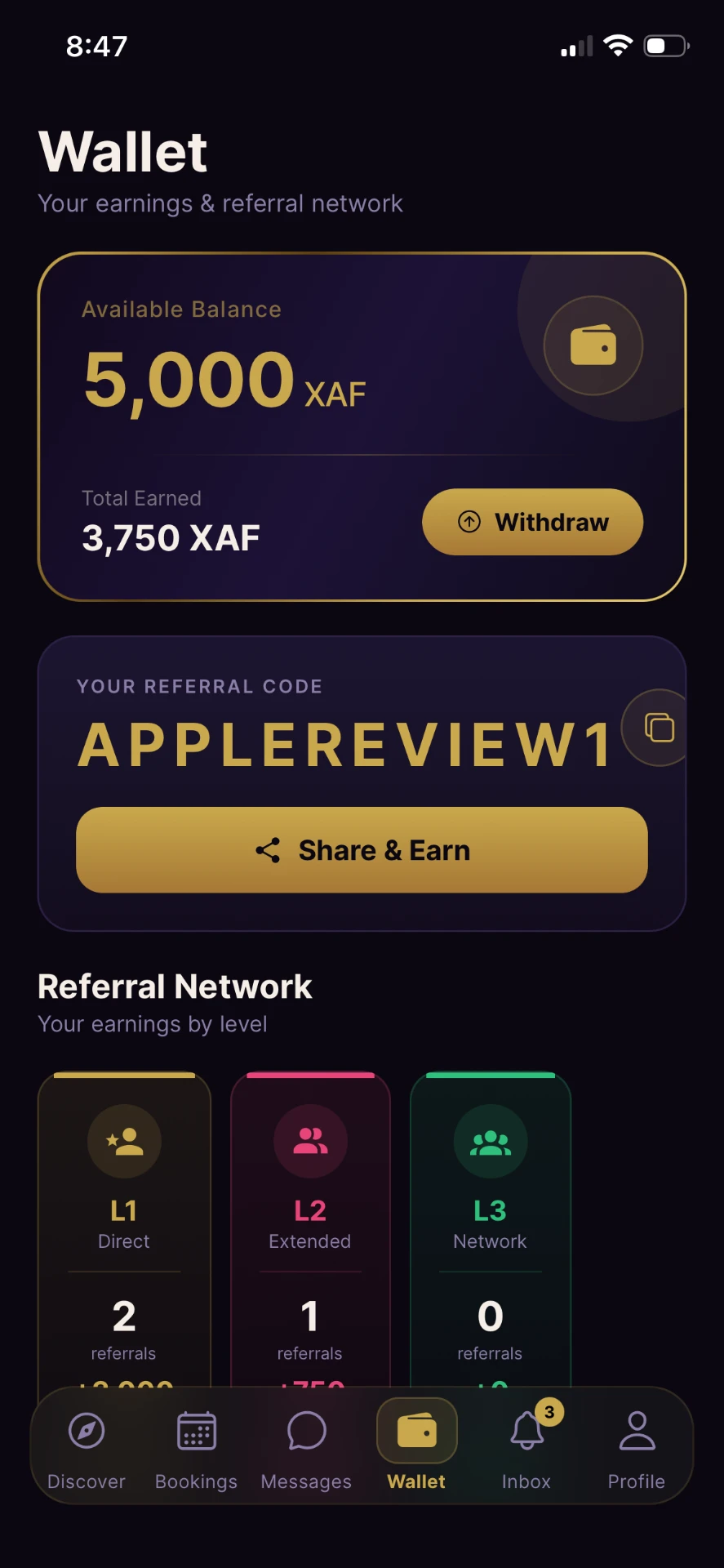 ASH Glo wallet screen