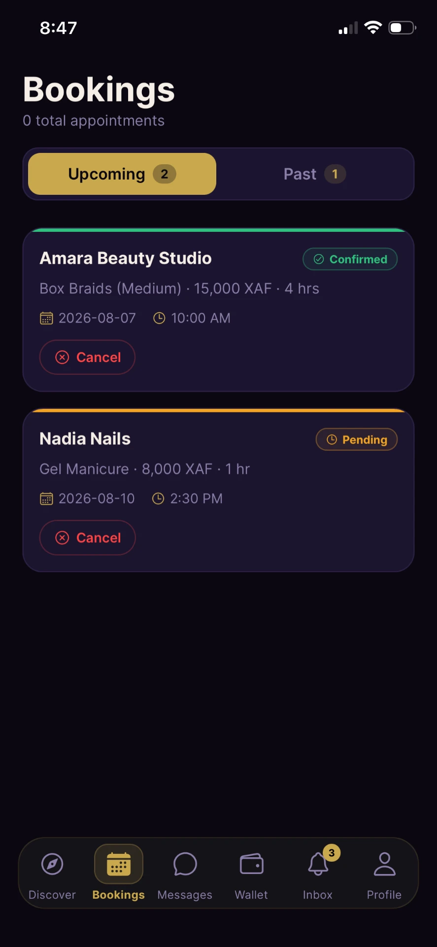 Bookings screen
