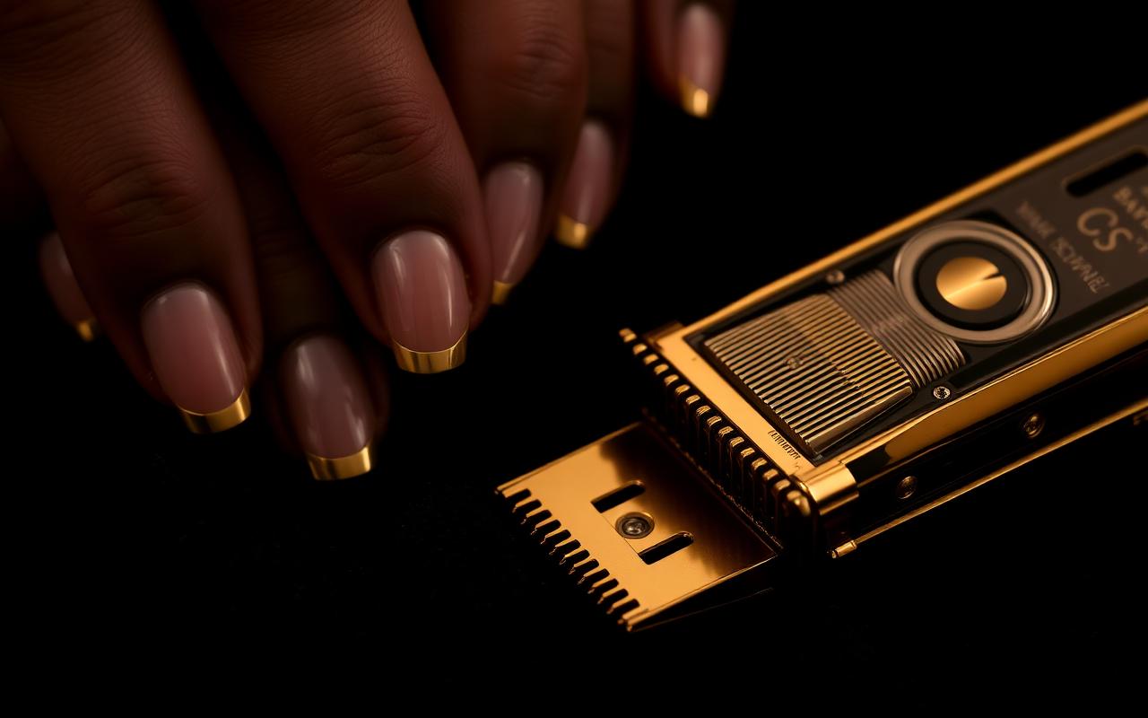 Gold-accented manicure and barber clippers on black velvet
