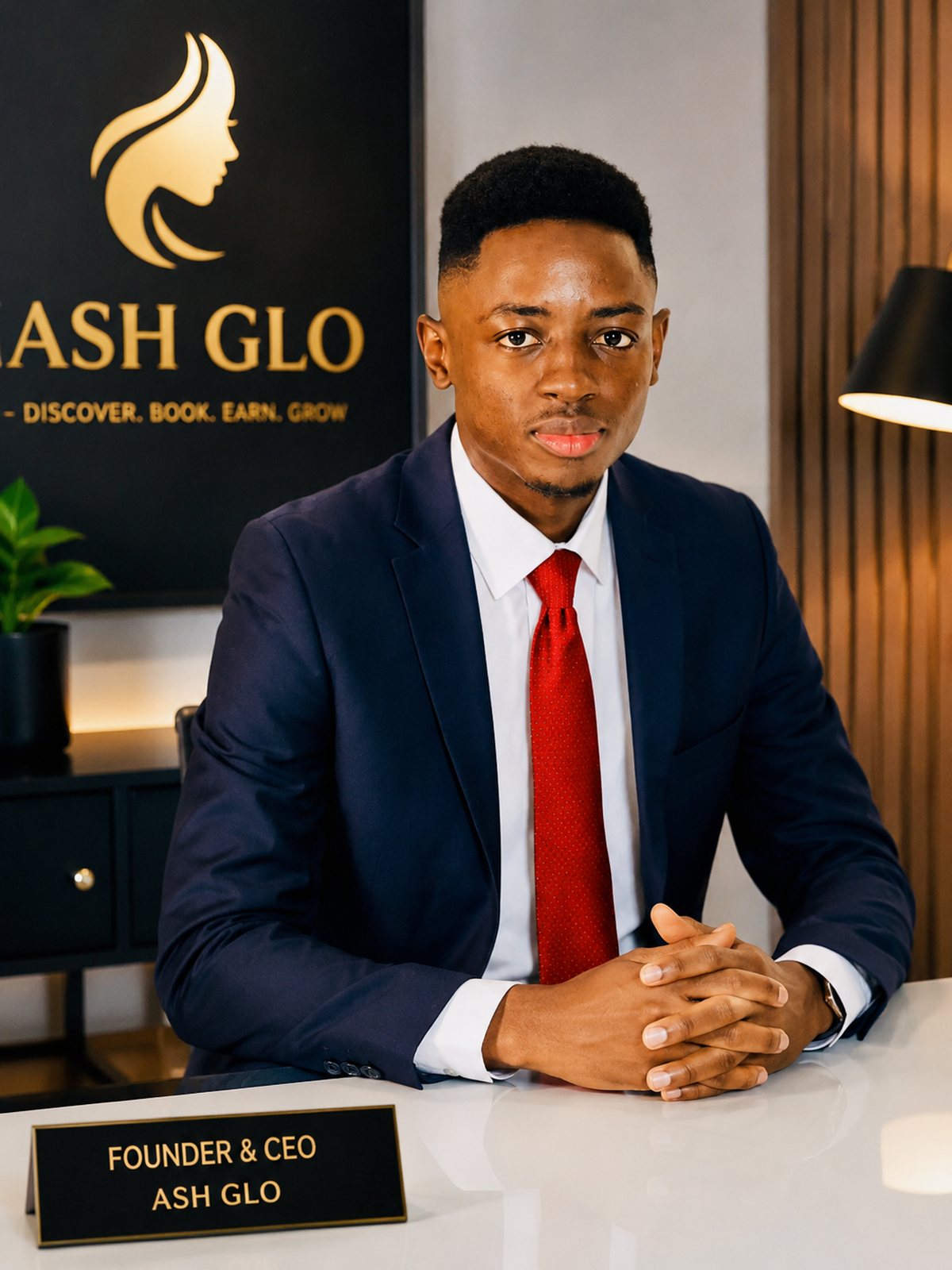 Emmanuel Divine seated at his desk beneath the ASH Glo logo