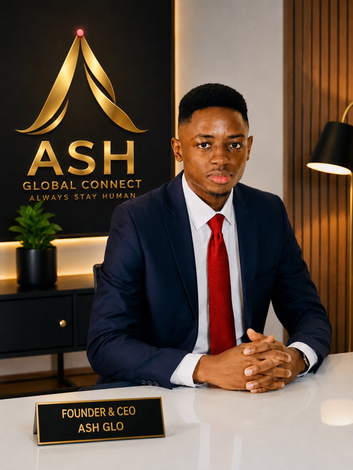 Emmanuel Divine seated at his desk beneath the ASH Glo logo