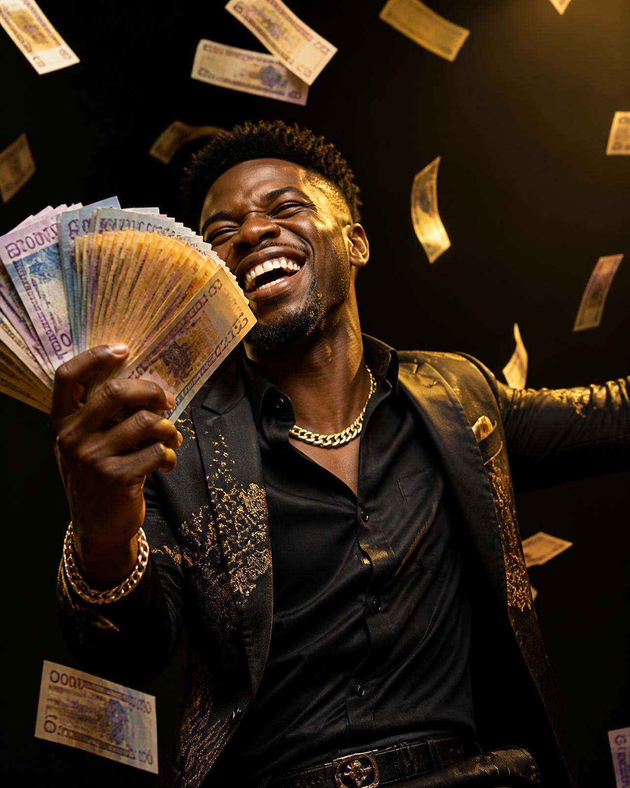 Delighted ASH Glo member celebrating with a fan of CFA franc notes